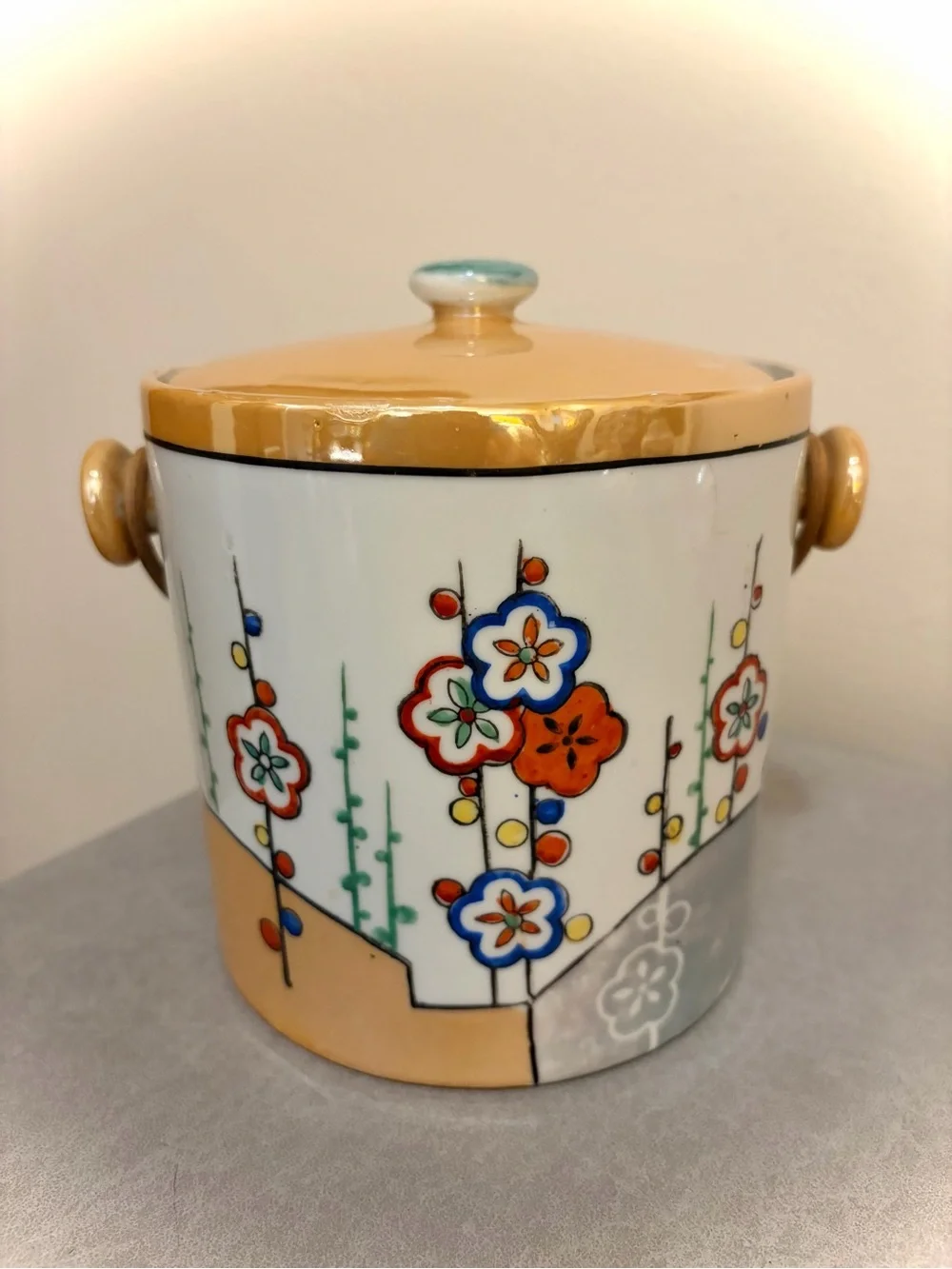Vintage Art Deco Lusterware Ice Bucket with Woven Bamboo Handle Made in Japan